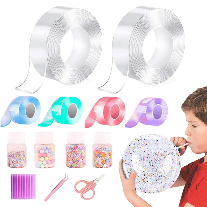 Nano pegamento PET para amasar música, cinta de doble cara, burbujas de soplado, juego completo de Nano cinta, pegatinas de juguete de descompresión para soplar burbujas