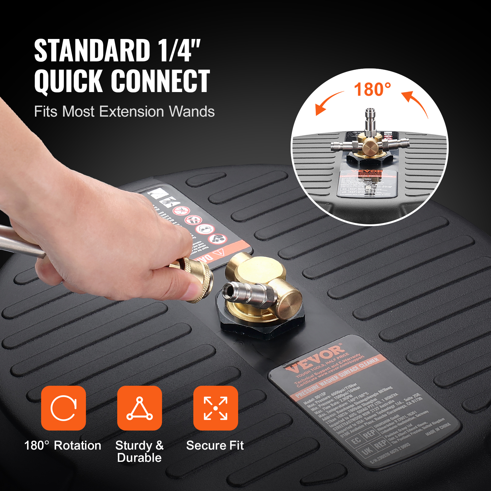 VEVOR 15/18/20/24" Pressure Washer Surface Cleaner w/ Handles & Wheels Stainless Steel Concrete Cleaner 4000 Max PSI for Garden