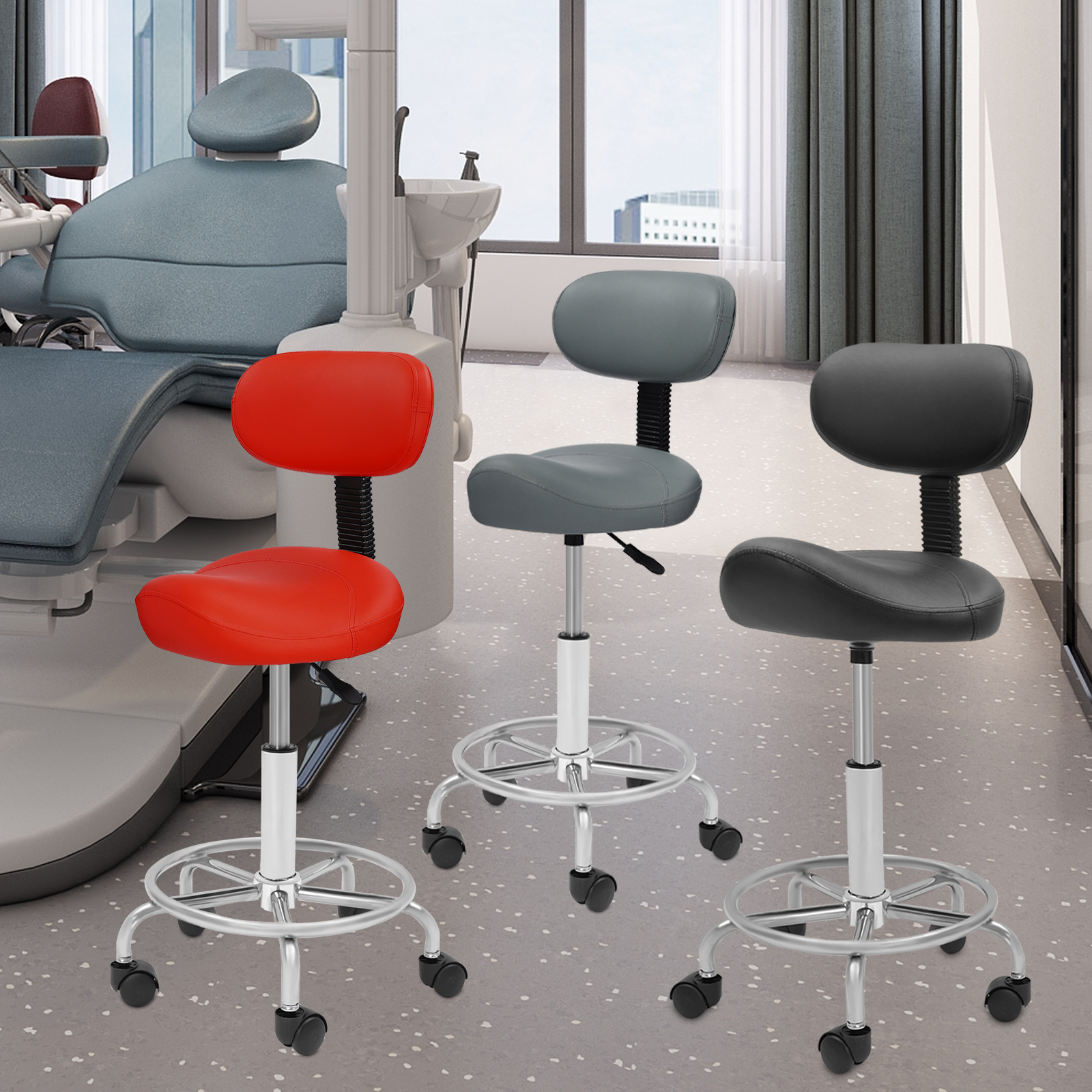 Salon PU-stoel Verstelbare hoogte Rugleuning Barkruk Thuishefstoel Schoonheid Rollende kruk Spa-stoel 360° ° draaibare Zitbelasting 150KG