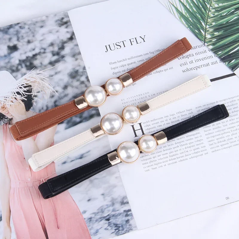 Cinturones elegantes Vintage con cadena de perlas para mujer, suéter de estilo coreano, ganchos para chaqueta, cinturón de cuero elástico ajustado