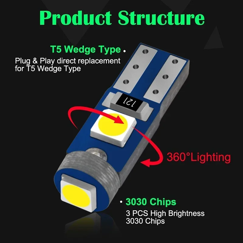 10 Uds T5 bombilla Led W3W 3030-3SMD Led botón de aire acondicionado luz instrumento luces LED tablero indicador de advertencia botón