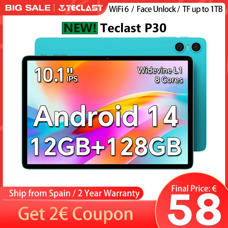 Teclast P30 Android 14 Tablet, 10.1 pulgadas, máximo de 12 gb RAM, 128GB ROM, 1280x800 IPS, UNISOC T606, 8 núcleos, 6000 mAh