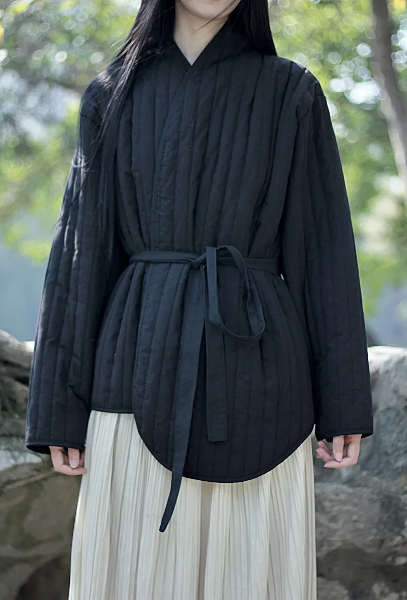 UMI MAO-abrigo de lino y algodón para mujer, Chaqueta de algodón cálida con cordones, estilo Zen, literatura Vintage, invierno, 2023