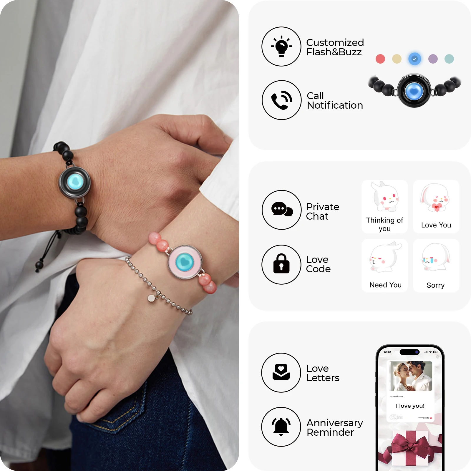 Totwoo-カップル用の長距離タッチブレスレット,バイブレーションとライトアップ,Bluetoothジュエリーのペアリング,ガールフレンドへのギフト