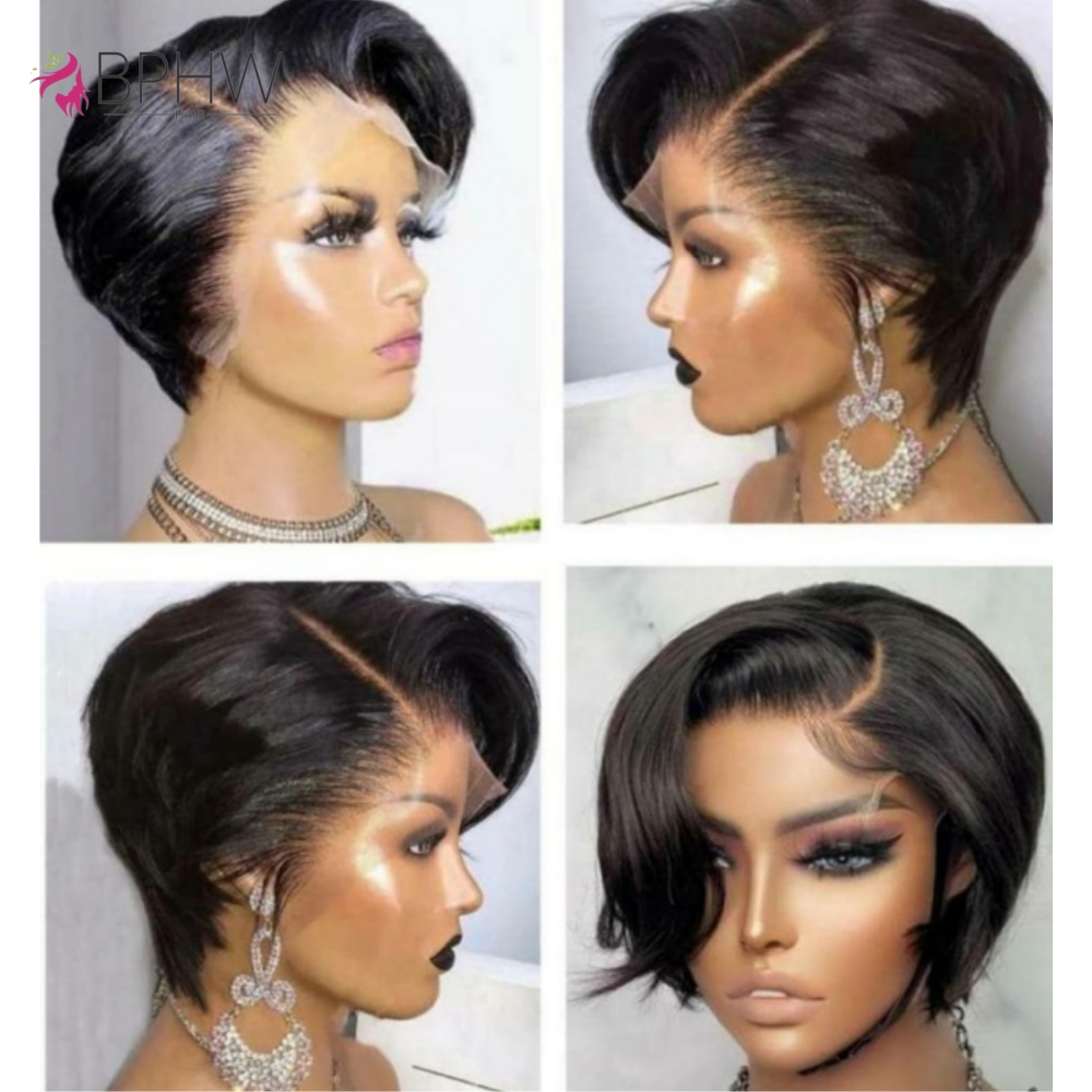 Menselijk haar 13x4 korte pixie-cut haarkant voor vrouwen Zwarte pixie-cut transparante frontale pruik Gelaagde rechte pixie-cut pruiken