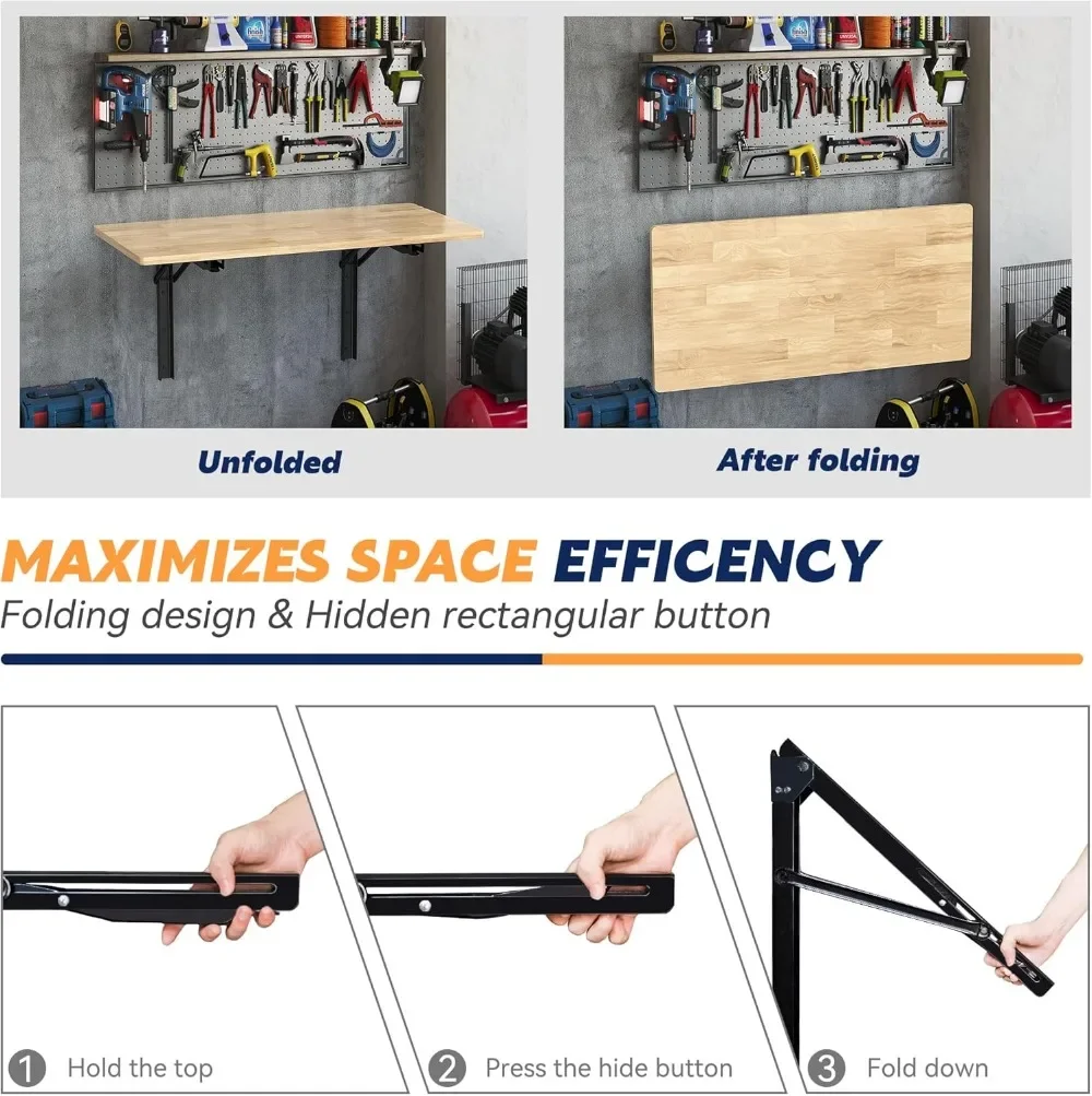 48" Wall Mounted Folding Workbench, Heavy Duty Foldable Work Table, Garage, Office, Home, Holds Up to 550 lb