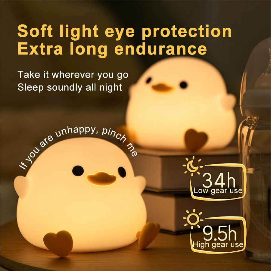 Luz LED nocturna con bonito pato Doudou, lámpara de silicona para niños, Sensor táctil, sincronización, recargable por USB, luz suave, cuidado de los ojos