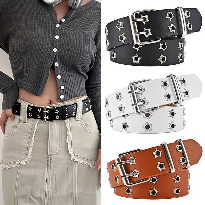 New Star Eye Rivet Belt Goth Style doppia fibbia ad ardiglione uomo/donna Fashion Casual Punk Style Pu cintura in pelle per Jeans Y2K Belt