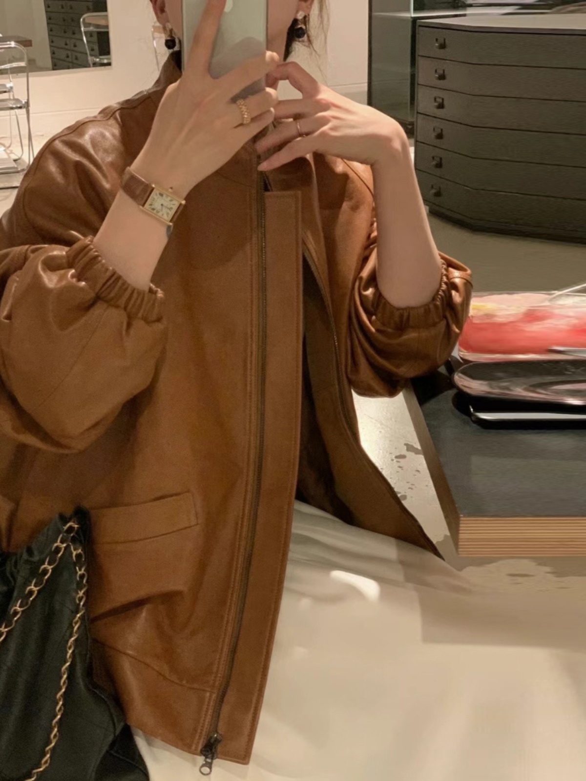 Black Leather Jacket Women's Vintage Slish Lapel Zipper Loose High-End Feel BF Motorcycle Clothes Trendy Short Sle Long S...