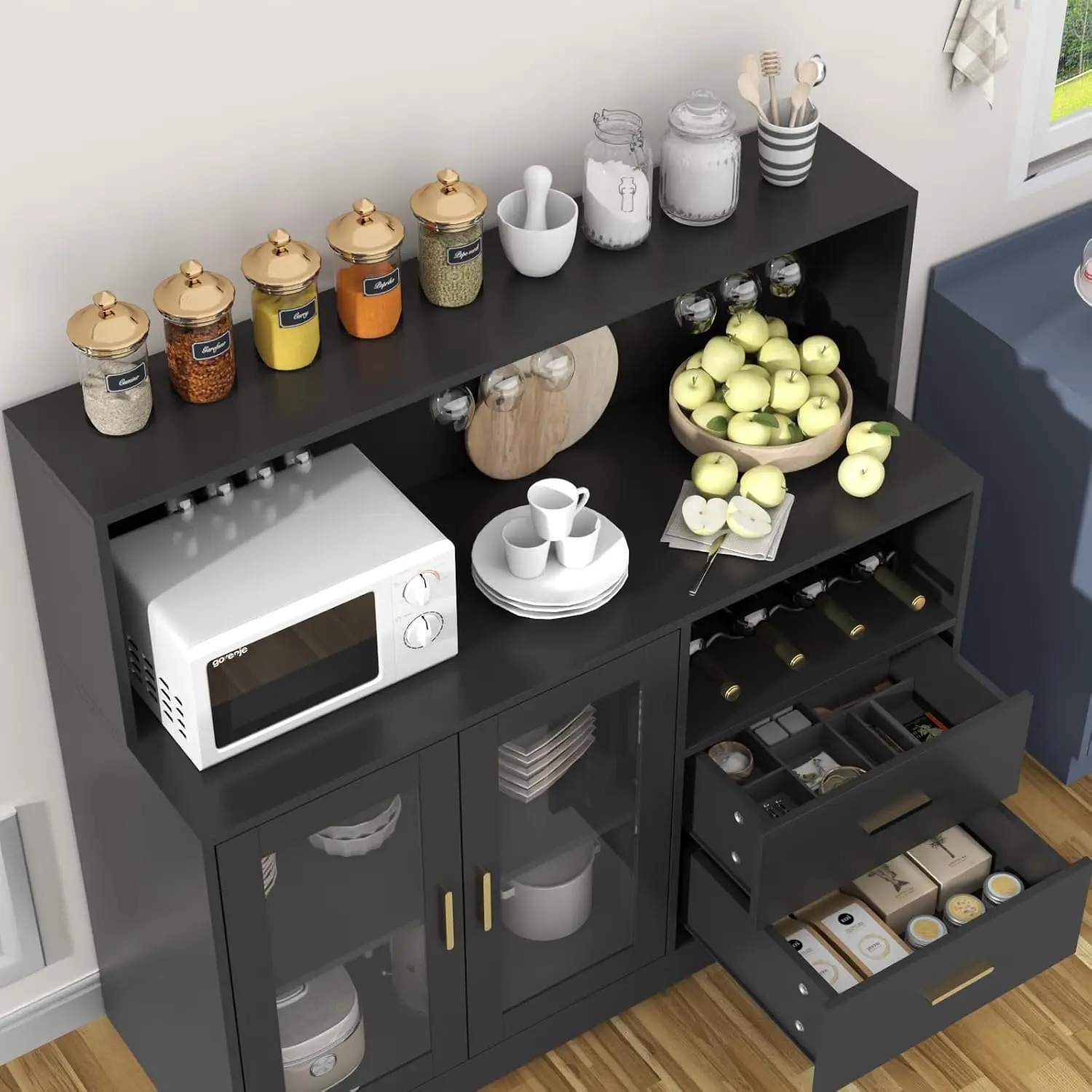 Wine Bar Cabinet with LED Light, Home Coffee Cabinet with Wine and Glass Rack, Kitchen Buffet Sideboard with Storage Cabinet&