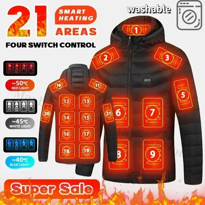 21 áreas jaqueta aquecida masculina usb elétrica inteligente casaco com capuz auto-aquecimento roupas coletes casual esqui à prova de frio jaqueta térmica acolchoada