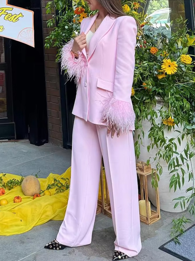 HH Conjuntos femininos moda rosa gola virada para baixo mangas compridas blazer de penas de peito único + calças compridas com zíper de bolso de cintura alta