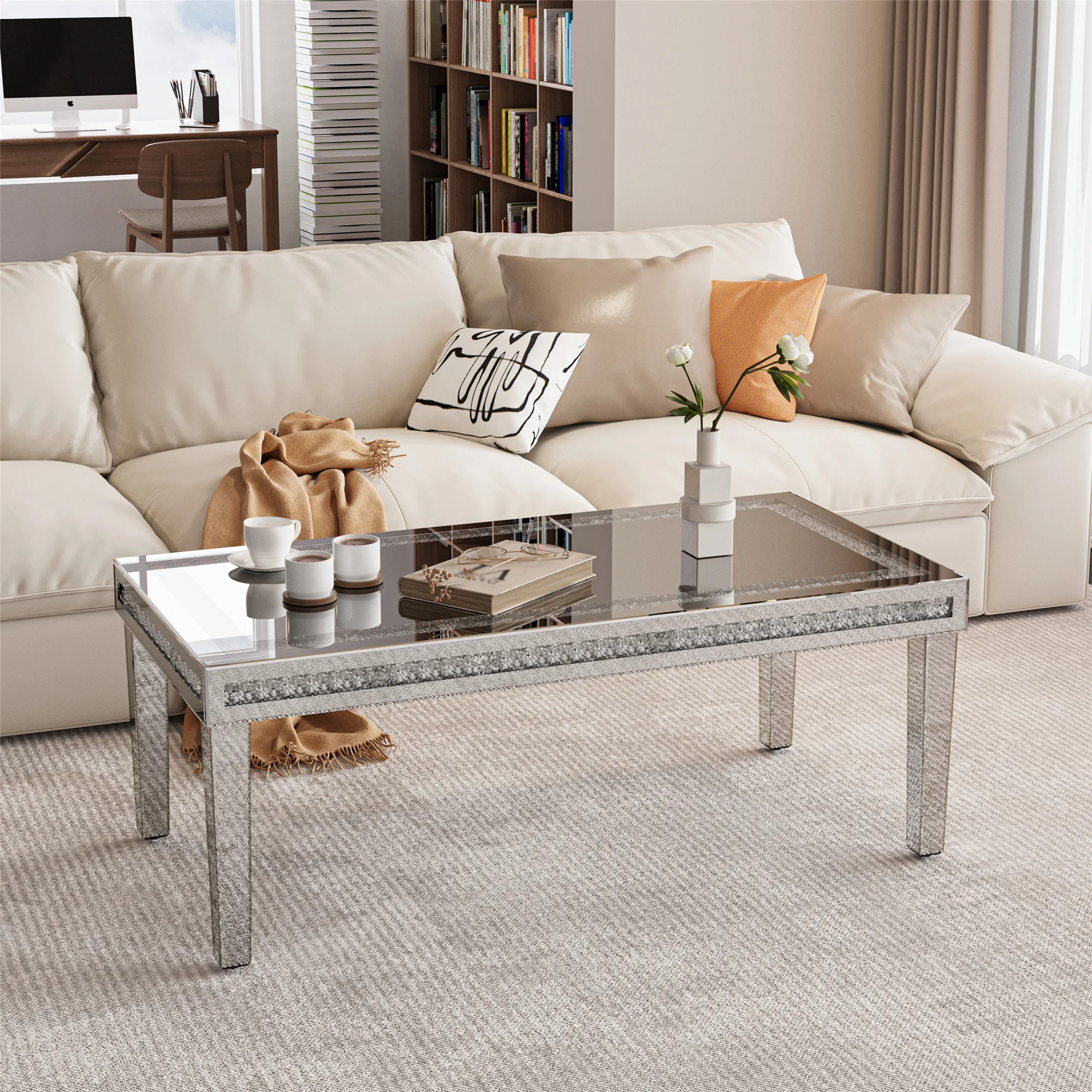 Grande mesa de centro retangular de cristal espelhada com diamante para móveis de sala de estar