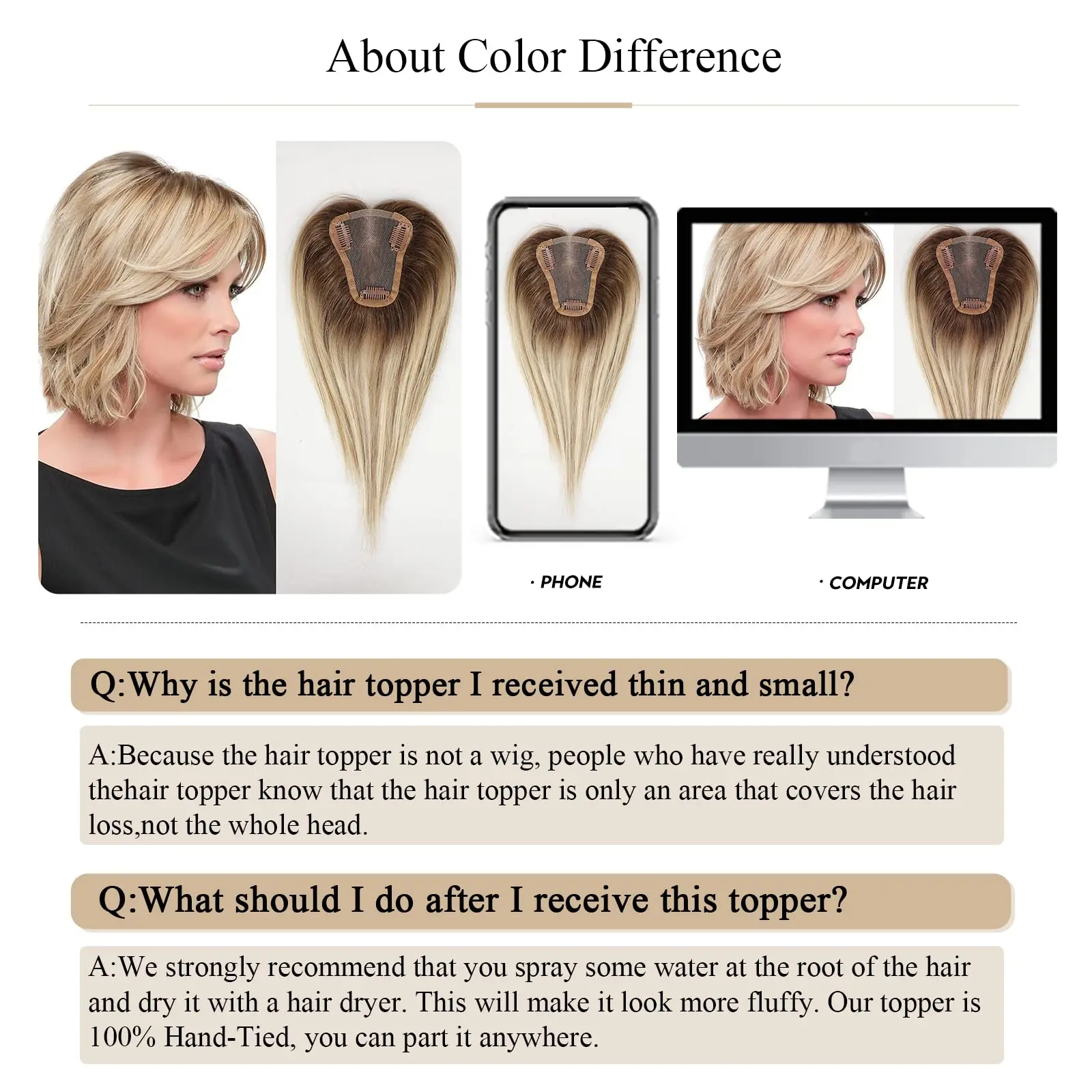 ผู้หญิงผมมนุษย์ Toppers กลาง Ombre สีน้ําตาลอ่อนสีบลอนด์มนุษย์ Toupee ผมชิ้นบางฐานผมคลิป Toppers