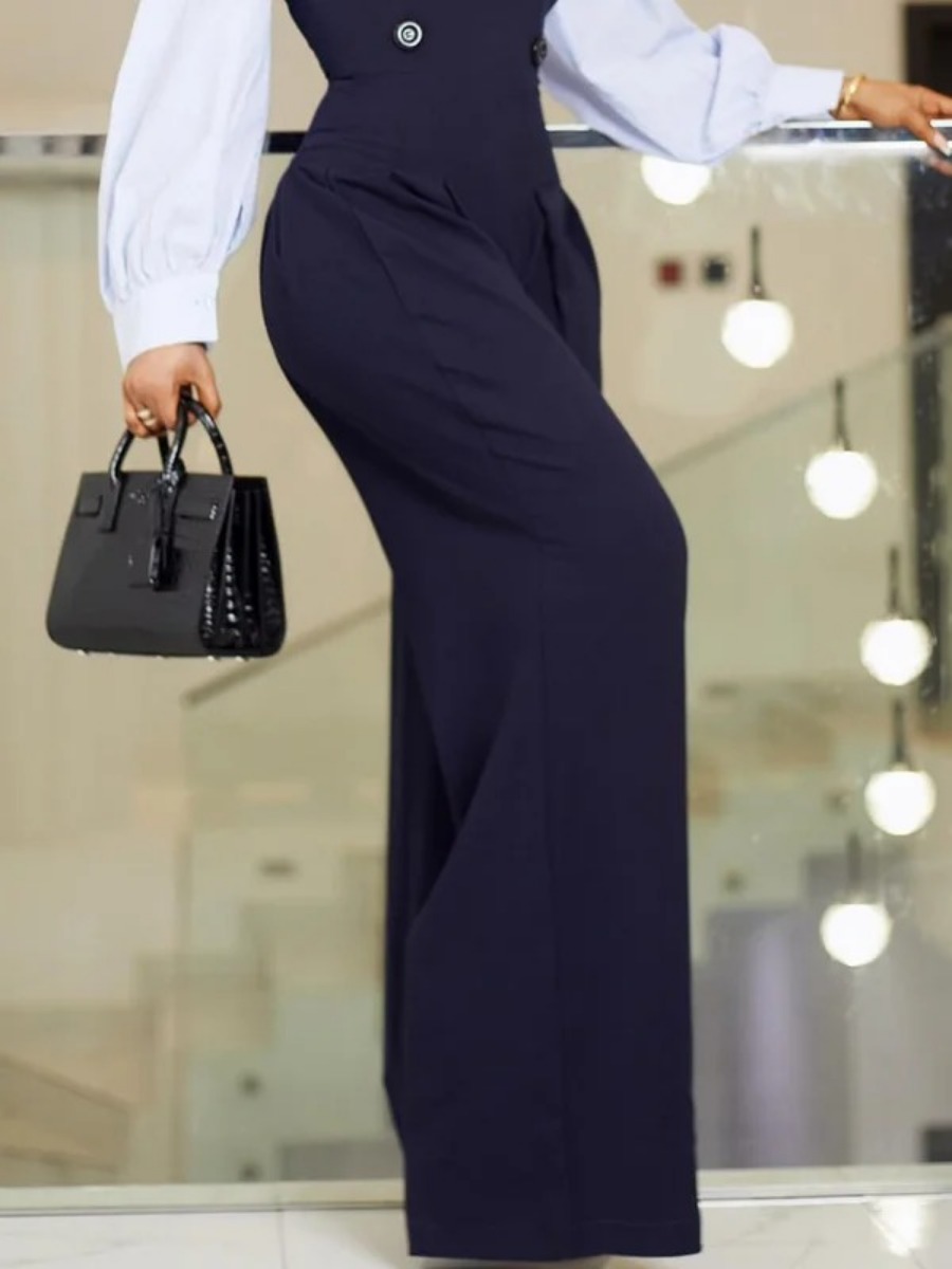 Freeacy ชุดทำงานผู้หญิงในเมือง, จั๊มสูทแขนยาวคอปกคอตั้งทรงหลวมเอวสูงกางเกงขากว้างยาวถึงพื้น