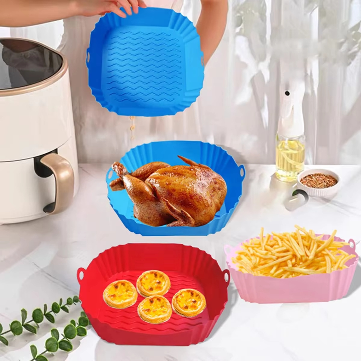 Silikon Air Fryer Topf Tablett Lebensmittel Sicher Wiederverwendbare Platz BBQ Grill Pad Platte Airfryer Ofen Backform Korb Pfanne für Küche