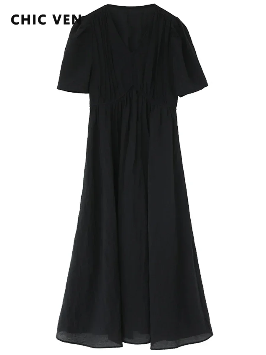 CHIC VEN-Vestido largo de estilo francés para mujer, ropa holgada con cuello en V, manga abullonada, color negro liso, novedad de verano 2023