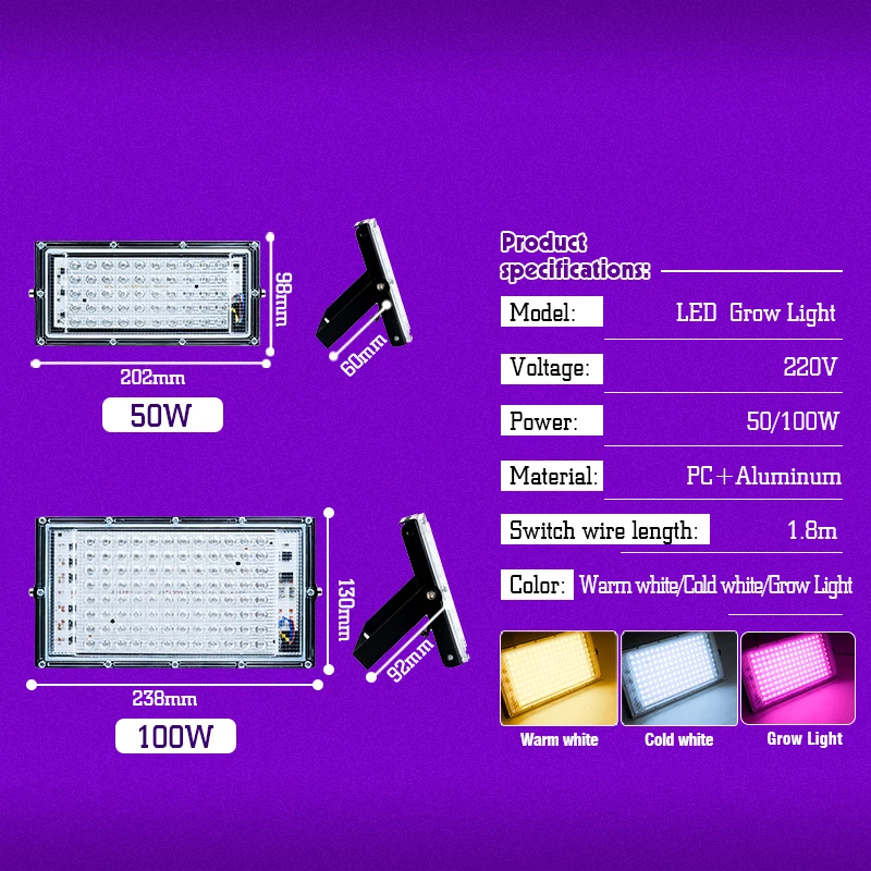 AC 220V 50W 100W oświetlenie do uprawy roślin lampy fito Led pełnozakresowy reflektor do uprawy do szklarni hydroponika wzrost Fitolampy