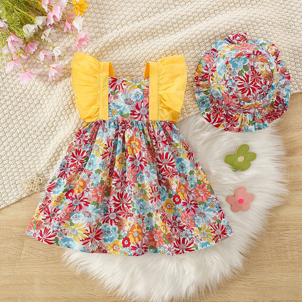 Baby Girl Dress Summer Cotton Floral Girls Dress Cute Little Fly Sleeve Baby Dresses Baby Clothes Girl with Hat