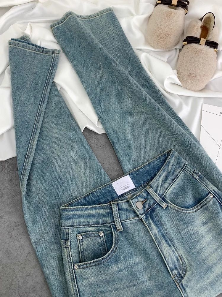 Pantalones vaqueros azules para mujer, ropa de calle, moda Vintage, vaqueros de pierna ancha de cintura alta, pantalones femeninos con letras Hip Hop, pantalones vaqueros azules holgados