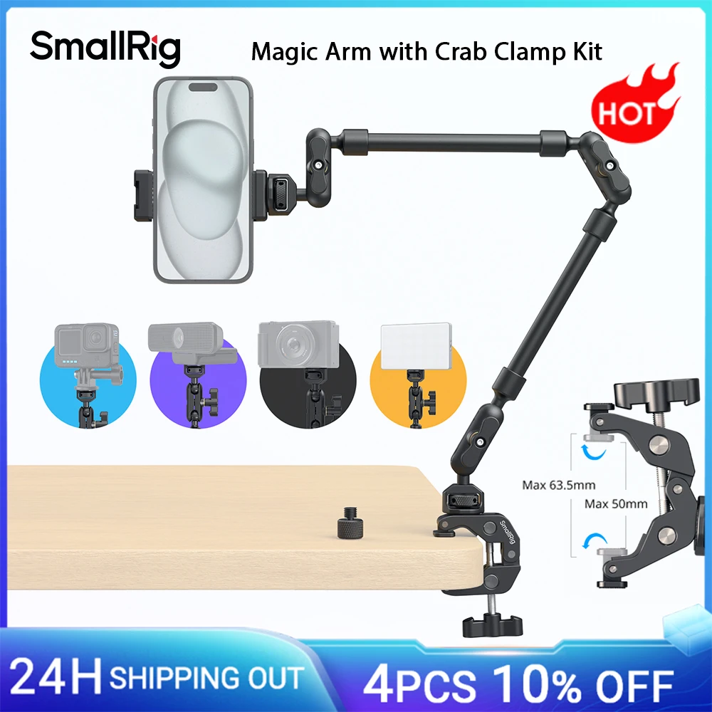 Brazo mágico SmallRig con kit de abrazadera de cangrejo, soporte de trípode de escritorio ajustable, brazo de pluma, para teléfonos inteligentes, webcámaras, cámaras de acción 4766