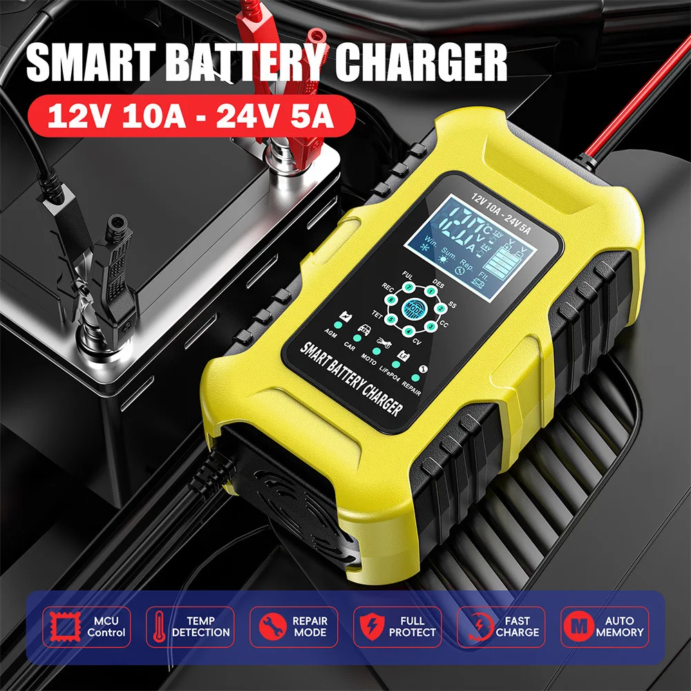 FOXSUR 車のバッテリー充電器 12V/10A 24V/5A 全自動 AGM ウェットスマートバッテリー充電器メンテナーポータブルバッテリー充電器