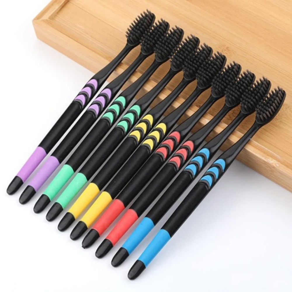 10pcs Packed Soft Bristle Bamboo Charcoal Black Hair Ultra-Fine Beauty Adults Toothbrush Couple Suit Family Oral Cleaning Tools