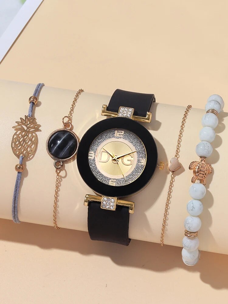 5 peças relógio de pulso de quartzo feminino elegante e moderno com diamante incrustado com conjunto de pulseira