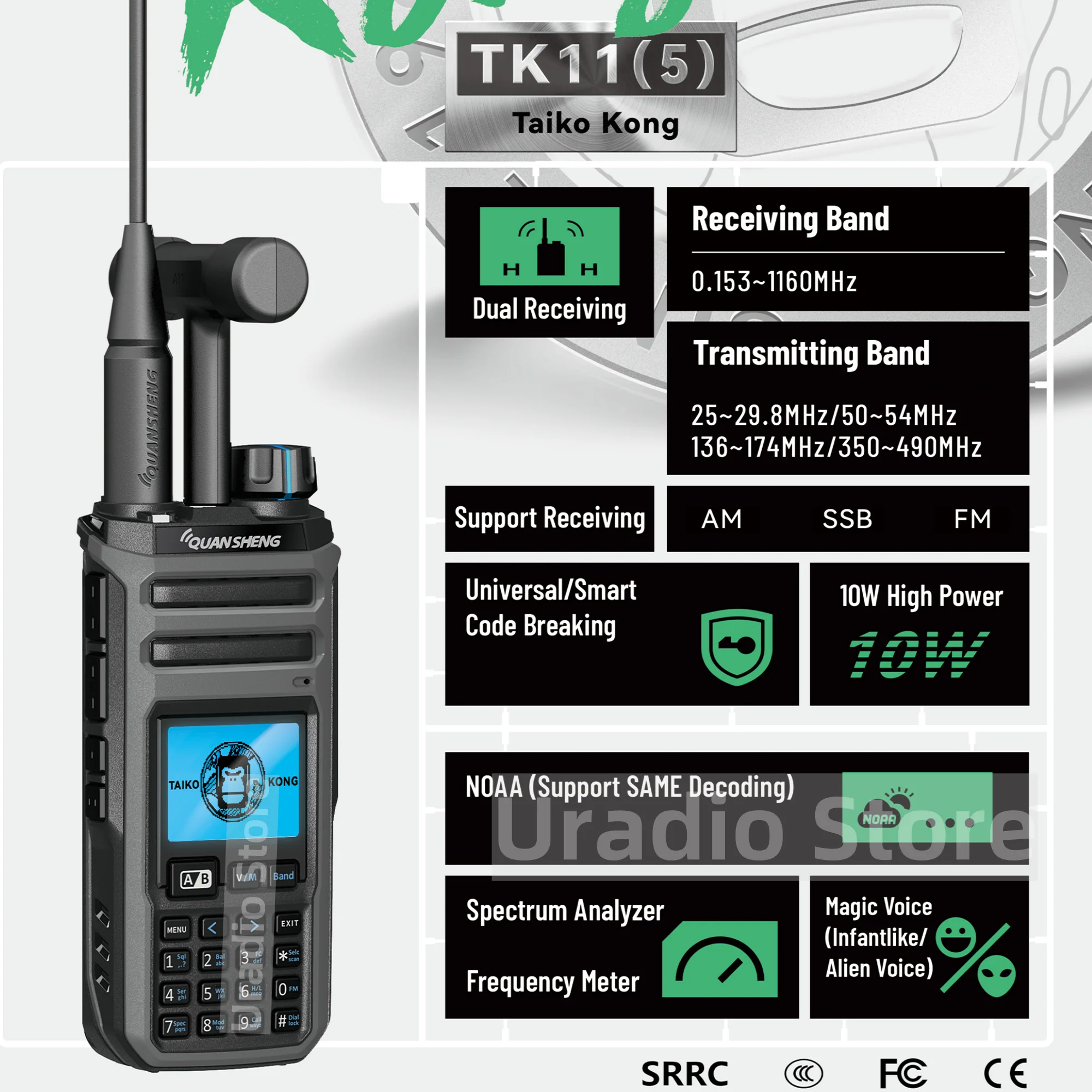 Quansheng TK11(5) Walkie Talkie Long Range 10W Dual Receive AM SSB FM CW NOAA VHF UHF Spectrum Analyzer Magic Voice USB-C Charge