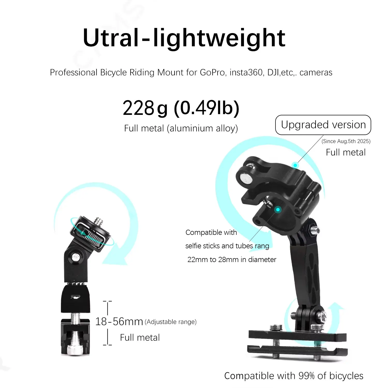 Camsteer Premium Bicycle Backseat Third Person View Mount for GoPro Hero 13 12 11 Insta360 X5 X4 X3 Ace Pro2 DJI Osmo360 Cameras