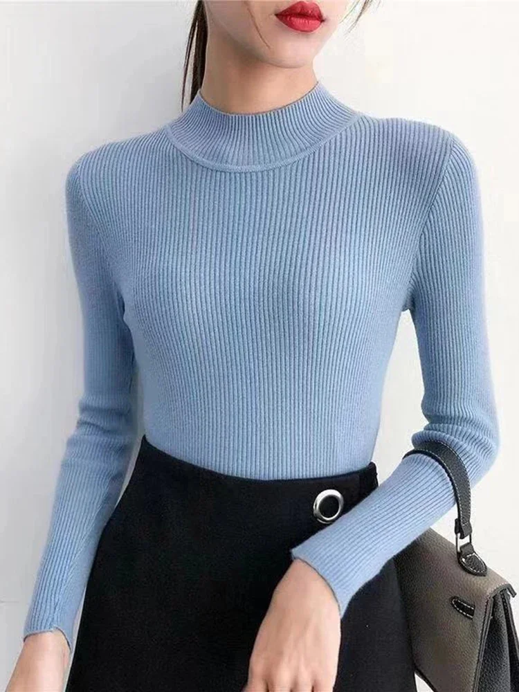 가을 겨울 모의 목 여성 스웨터 빈티지 기본 솔리드 니트 탑 캐주얼 슬림 풀오버 한국 스웨터 Simple Chic Jumpers