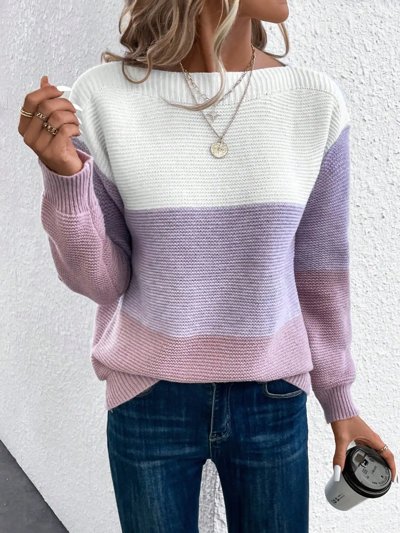 Elegancki trójkolorowy patchworkowy sweter damski codzienny dojazdowy luźne swetry damskie jesienno-zimowe dzianinowe zagęszczone ciepłe topy