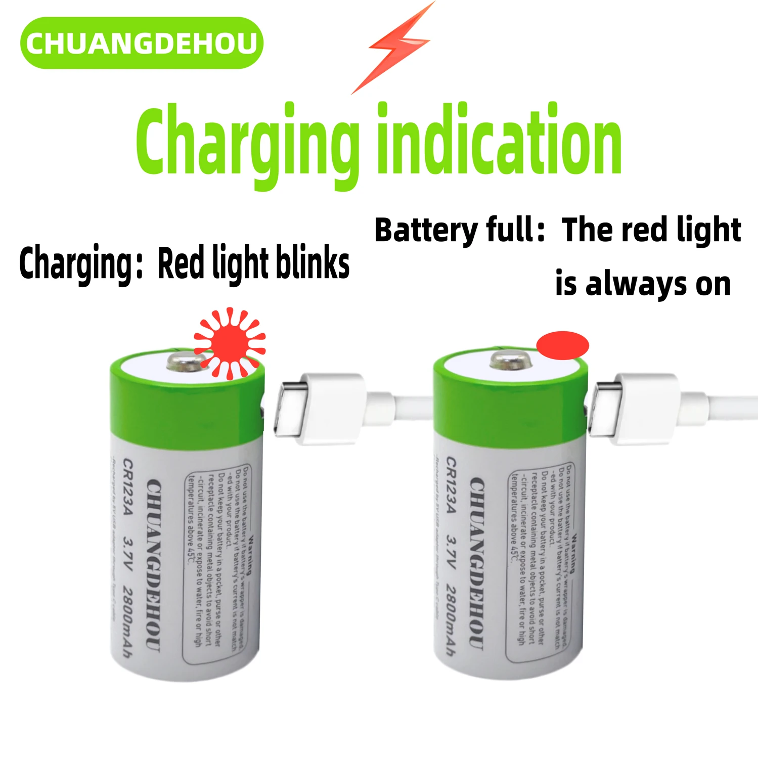 Cr123A Lithium Battery 3.7V 2800Mah Large Capacity Usb-C Fast Charge Green and White Environmentally Friendly Design Rechargeable Battery Suitable for Cameras/Flight Safe and Leak-Proof Long Battery Life and Durable