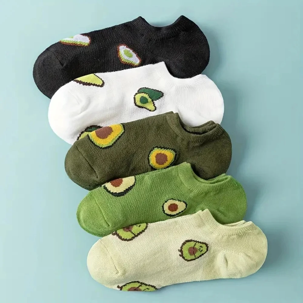 5 Paar Avocado-Crew-Söckchen, Cartoon, frisch, modisch, atmungsaktiv, für Sommer und Herbst, Kawaii Comforts, niedrig geschnittene Bootssocken für Damen