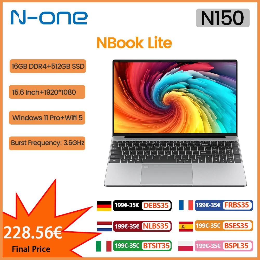 N-one NBook Lite Laptop 15,6'' Intel ®   Twin Lake N150 16 GB DDR4 512 GB SSD Computer 1920 x 1080 IPS-Bildschirm Windows 11 Pro Notebook