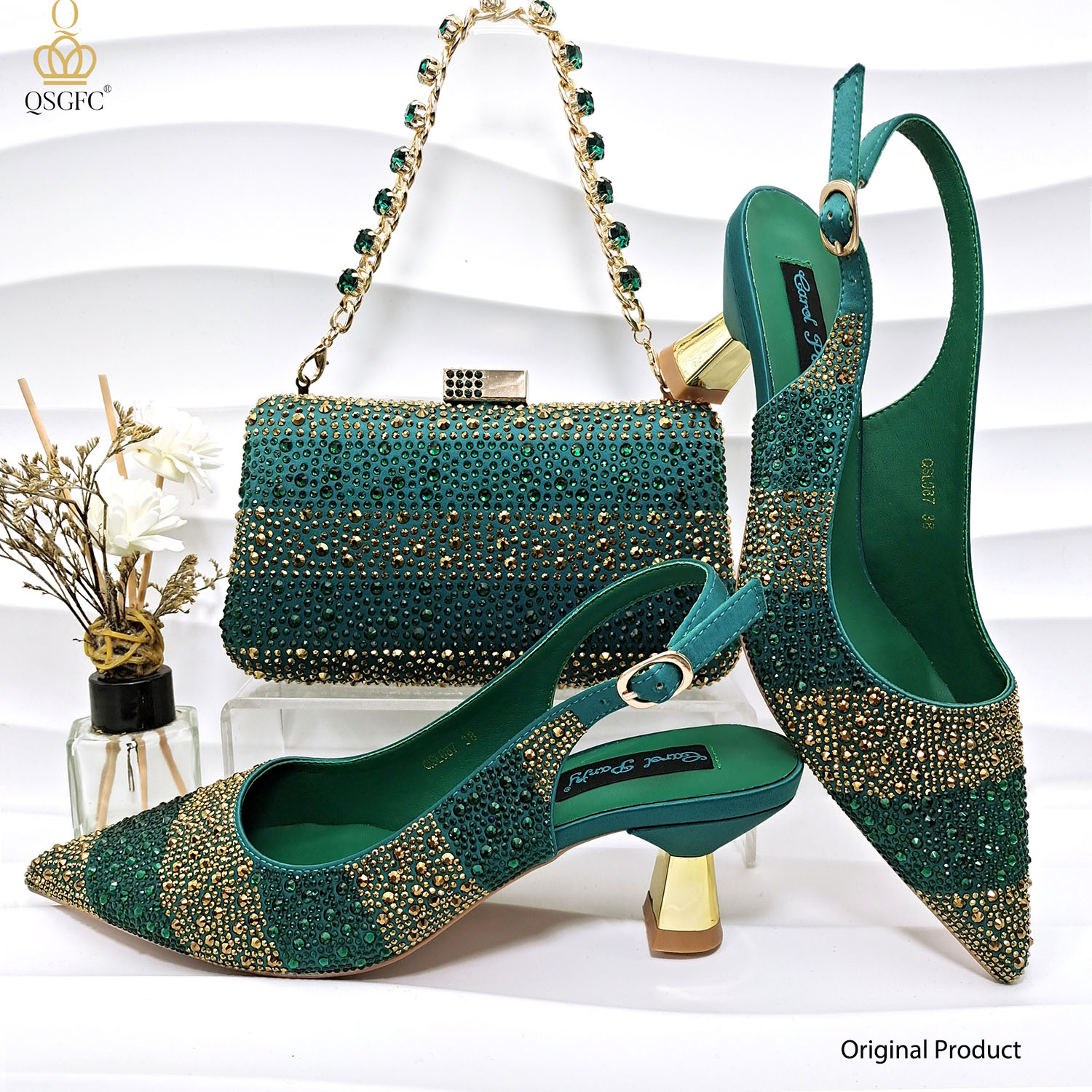 QSGFC, zapatos y Bolsa verdes de diseño italiano para fiesta de tacón nigeriano para mujer, conjunto decorado con bolso de diamantes de imitación para fiesta de boda