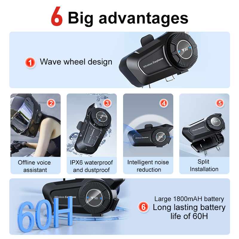 Bluetooth Motorcycle Helmet Headset V5.3 Voice Control Wireless HandsFree Call 1800mAh Waterproof Communicator Speakers Earphone