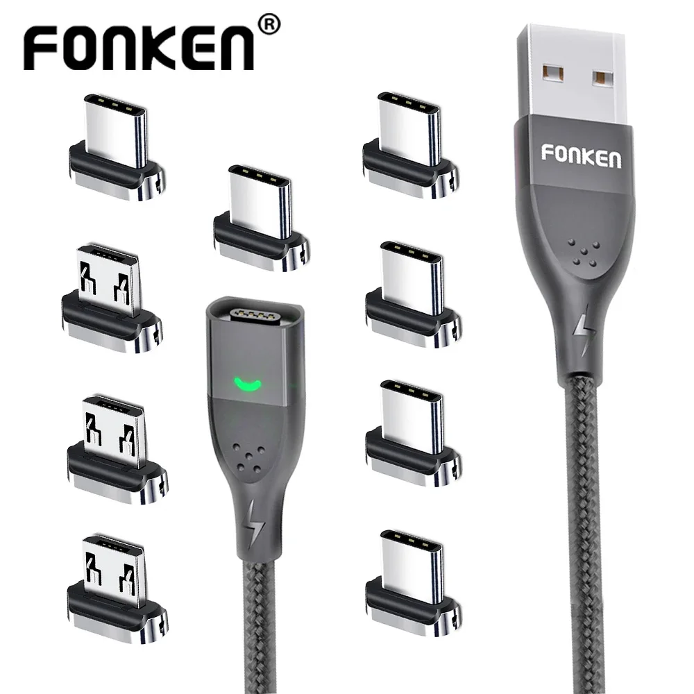 Магнитный кабель FONKEN 3A USB Магнитное зарядное устройство для телефона Шнур для передачи данных Кабель USB типа C Магнитный кабель для быстрой зарядки Провод для зарядки Micro USB