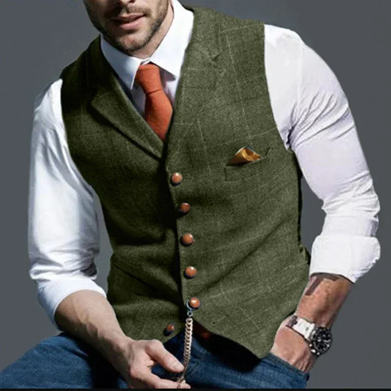 Herren Casual Classic Anzugweste Retro Herringbone Revers Baumwollmischung Tweed Slim Business Pendleranzug Gefütterte Weste S-3XL