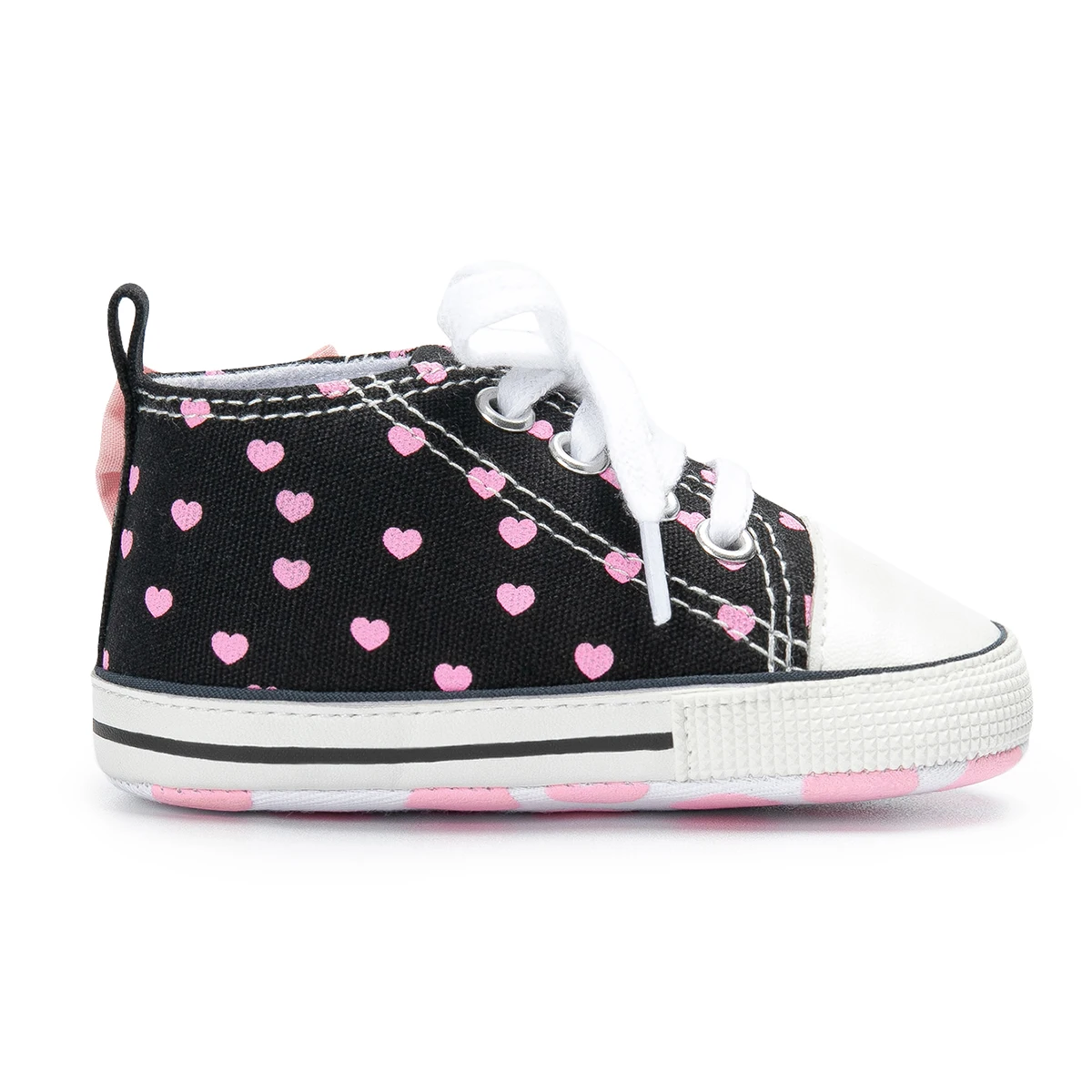 Bebê recém-nascido meninas sapatos moda bowknot coração impressão clássico lona casual alta topos tênis macio anti-deslizamento sola primeiros caminhantes