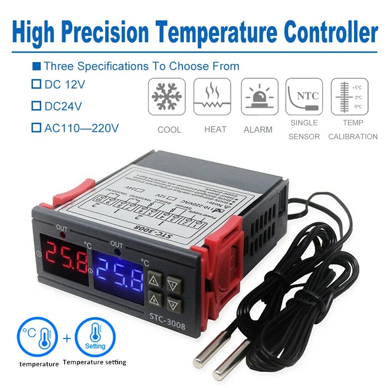 Dual Digital Temperature Controller Thermostat Thermoregulator Incubator Relay LED 12V24V 220V Heater Cooler Dual Probe STC-3008