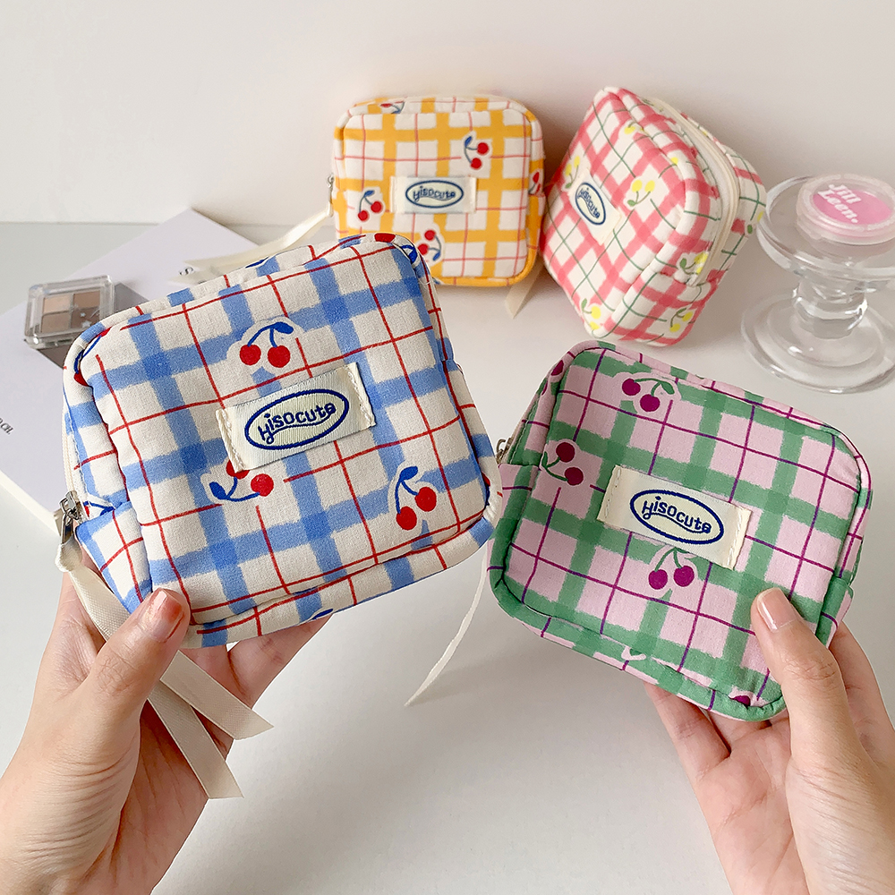 Cute Cherry Plaid Makeup Bag for Lipstick Cosmetics Coin Purse Sanitary Pads
