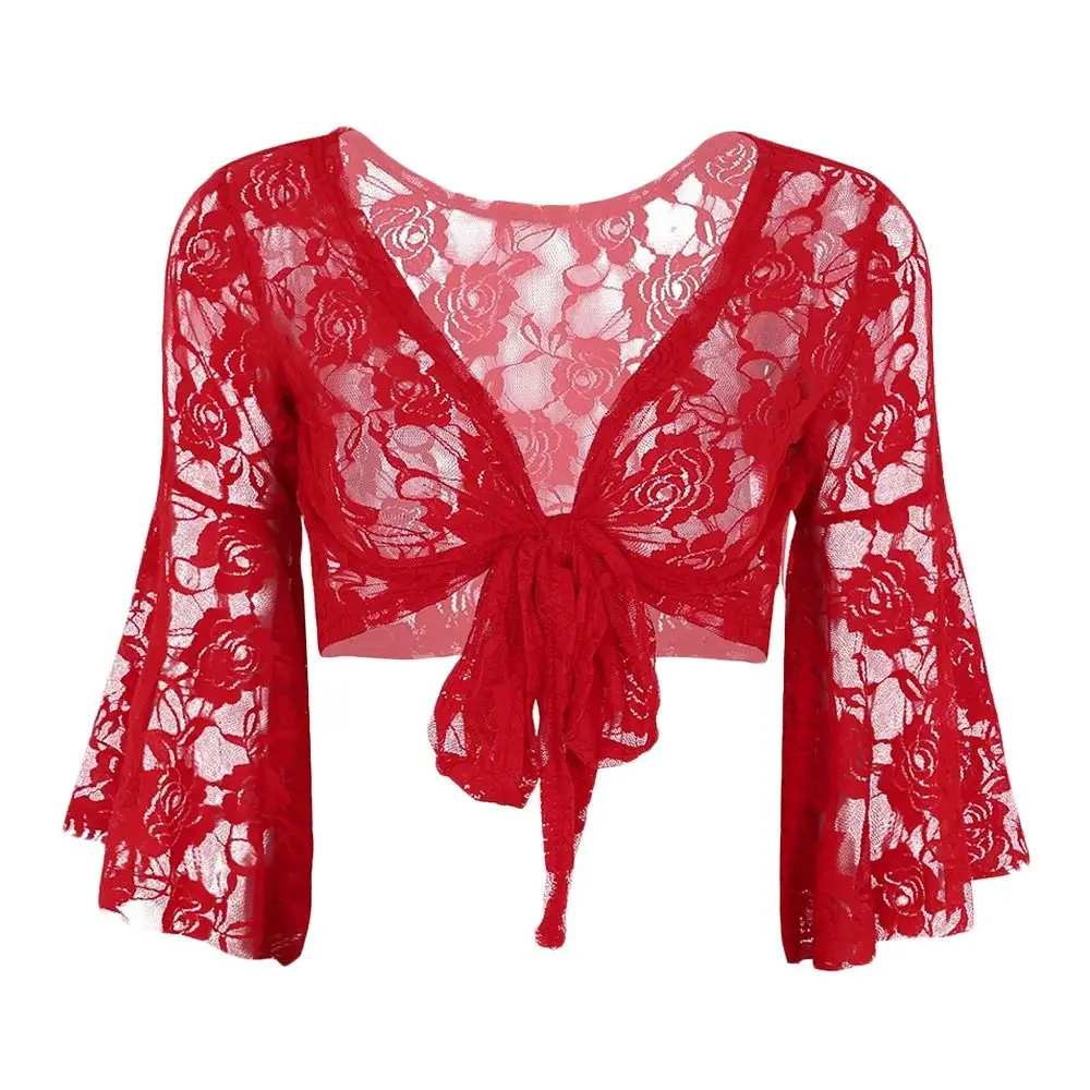 Frauen Bauchtanz Top kurze Strickjacke Spitze Langarm Achsel zucken Schnür hemd Gymnastik vertuschen Strickjacke Wraps neu