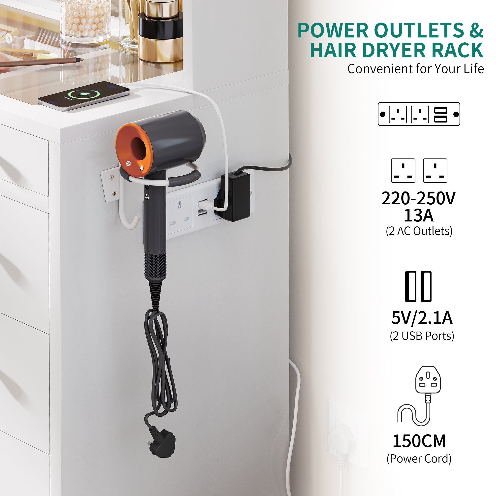 YITAHOME White Vanity Table - Adjustable LED Lighting & Outlets, 9 Drawers with Dividers, Transparent Desk for Makeup