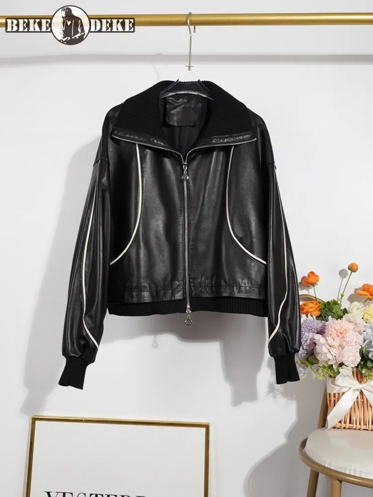 Neue Frauen Echt lederjacke gestrickt Revers Kragen lässig Punk Motorrad Kurz mantel locker sitzen High Street Schaffell Jacken