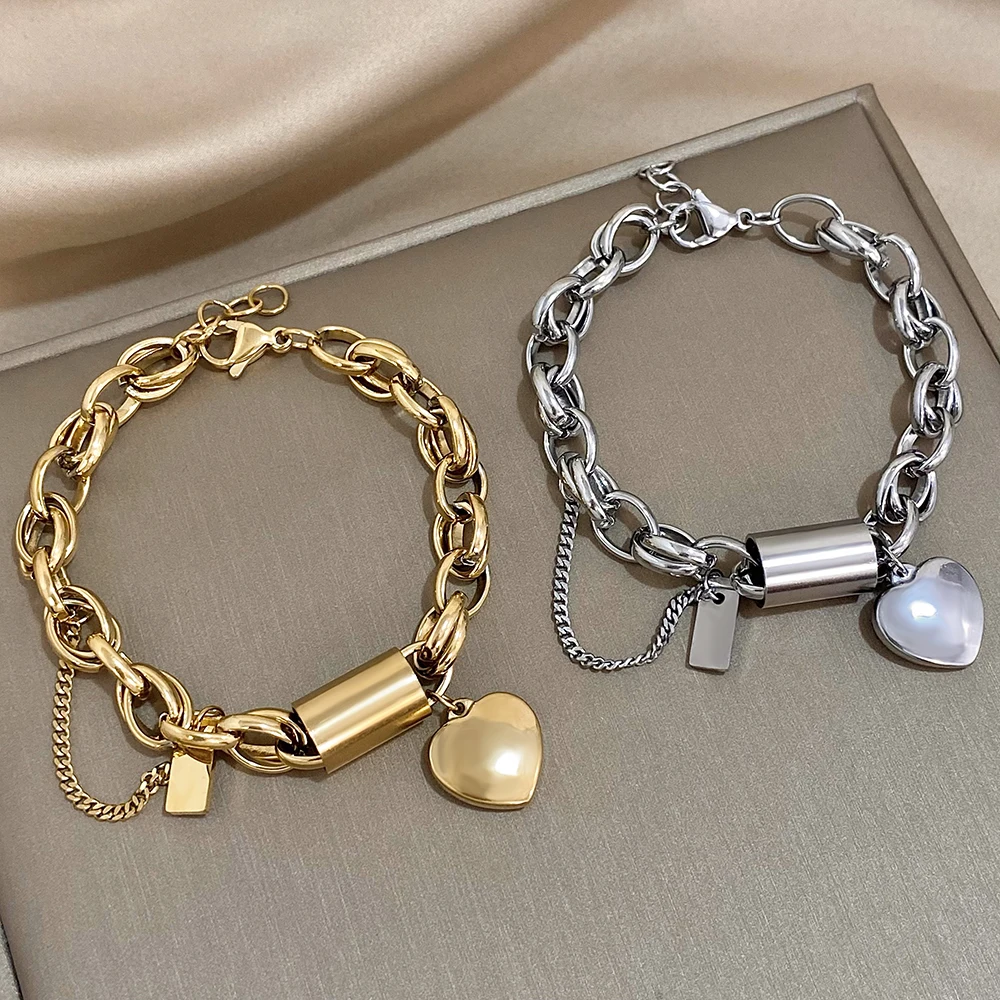 DZ-pulseras de acero inoxidable con cadena gruesa para mujer, diseño de moda, Color dorado, colgante de corazón y amor, joyería para la muñeca