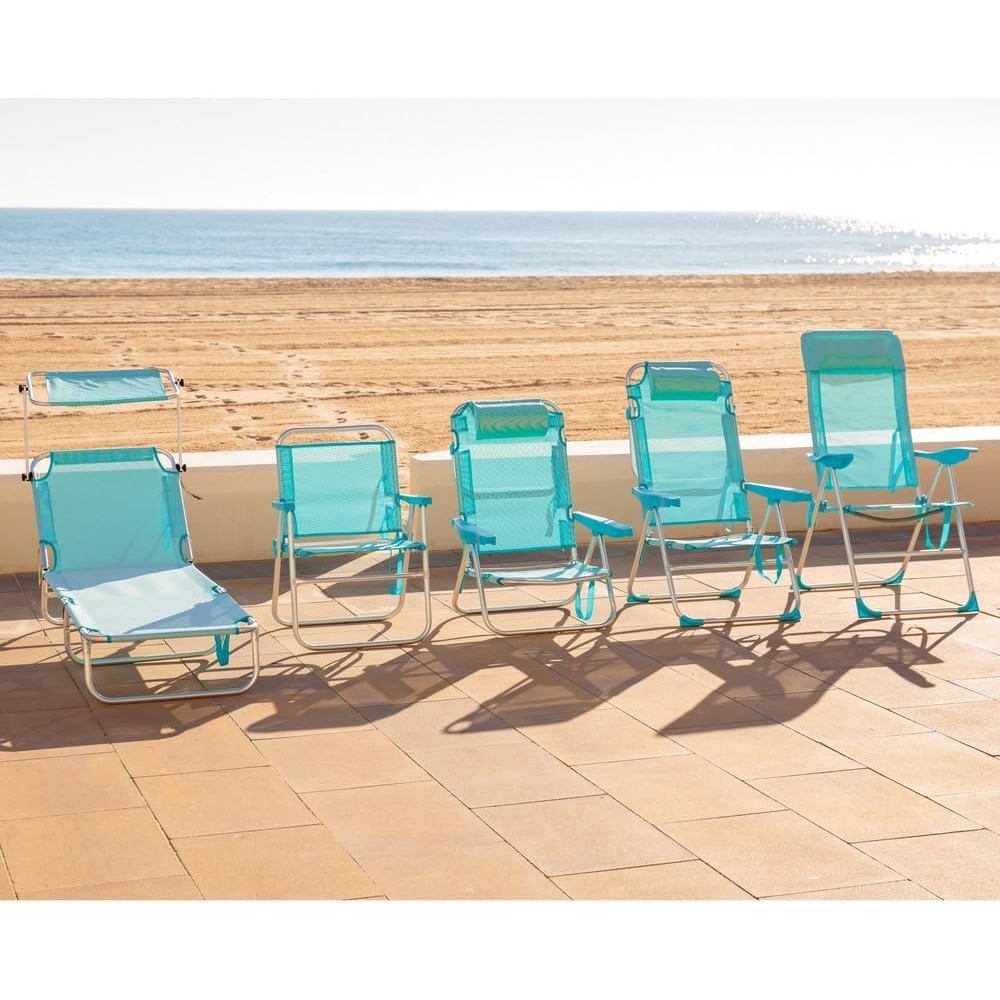 Silla de Playa Alta Plegable y Reclining 4 Posiciones Aluminio y Textileno Aguamarina 62 x 55 x 100 cm