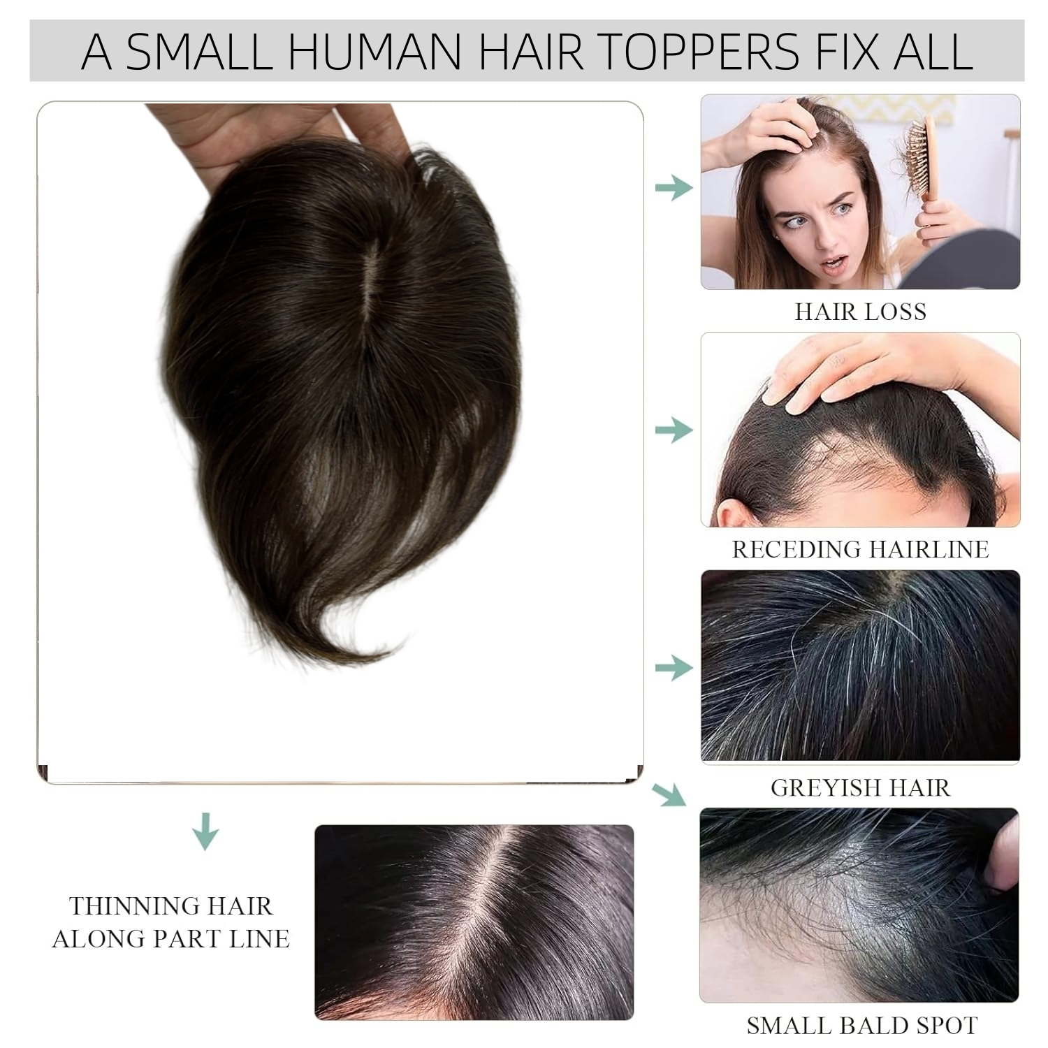 Topper de cabelo humano curto e reto, 6 polegadas, parte intermediária, pequeno e fino, franja para perda de cabelo suave para mulheres e homens