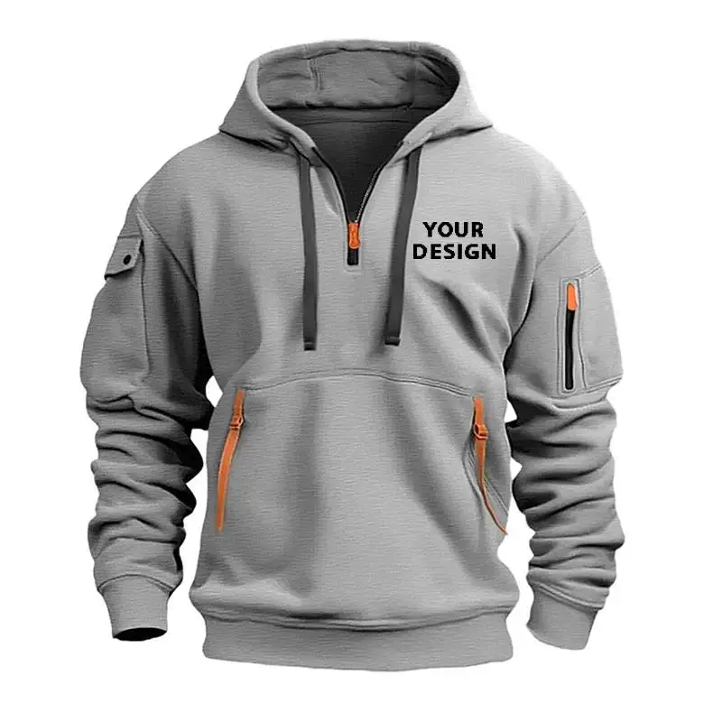 Europeu novo masculino esportes zíper braço bolso solto moletom casual personalizar seu logotipo caiu ombro jaqueta com capuz pulôver