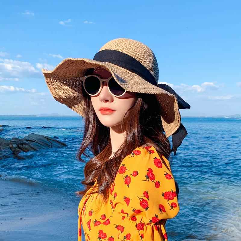 Women's Summer Beach Straw Hat Foldable Large Brim Korean Japanese Sle Trendy  Face Covering Sun Protection Hat